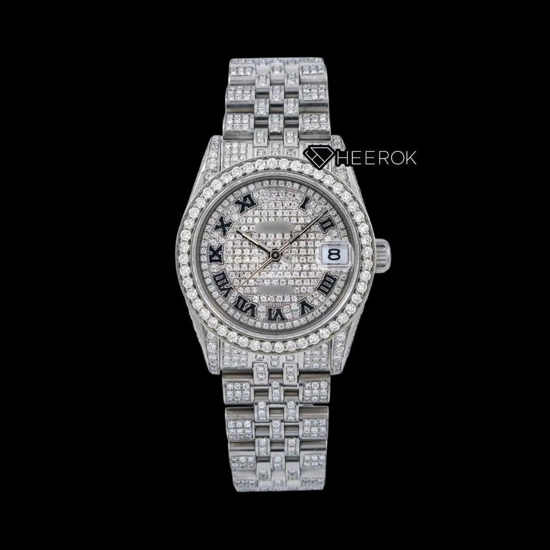 Rolex Datejust Black Roman Numerals Dial Diamond Bezel Fully Iced Moissanite Diamond Jubilee Bracelet For Women Front View.