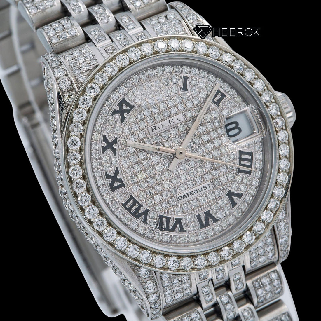 Rolex Datejust Black Roman Numerals Dial Diamond Bezel Fully Iced Moissanite Diamond Jubilee Bracelet Front View