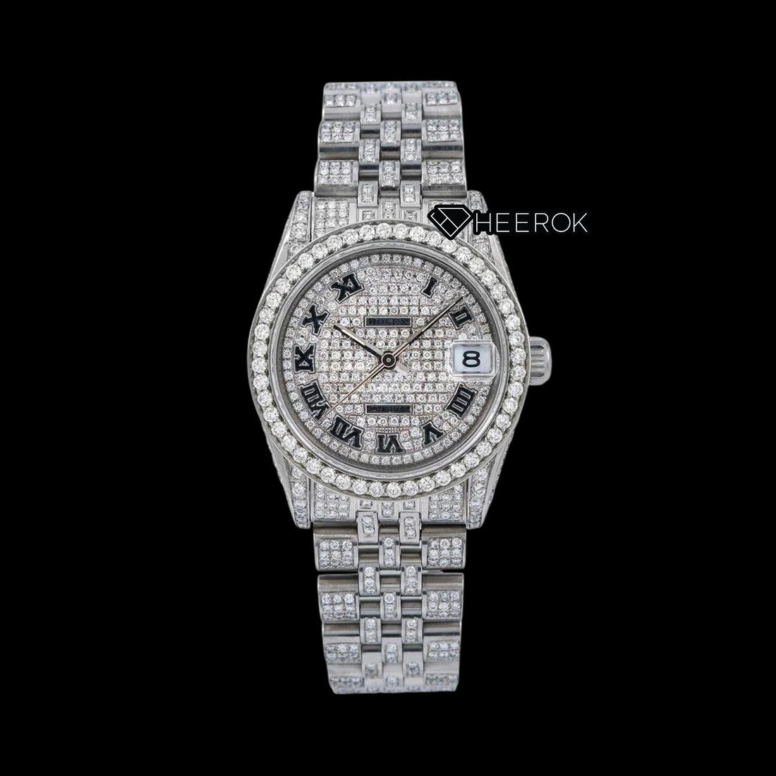 Rolex Datejust Black Roman Numerals Dial Diamond Bezel Fully Iced Moissanite Diamond Jubilee Bracelet Front View