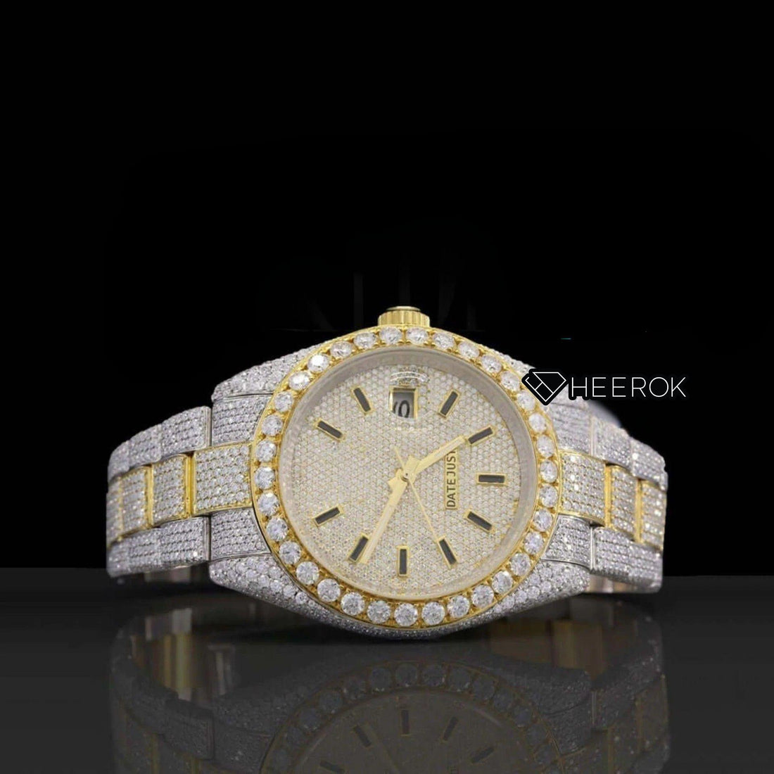 Rolex Datejust Black Stick Markers Dial Diamond Bezel Two Tone Yellow Gold Iced Out Moissanite Diamond Oyster Bracelet Front View