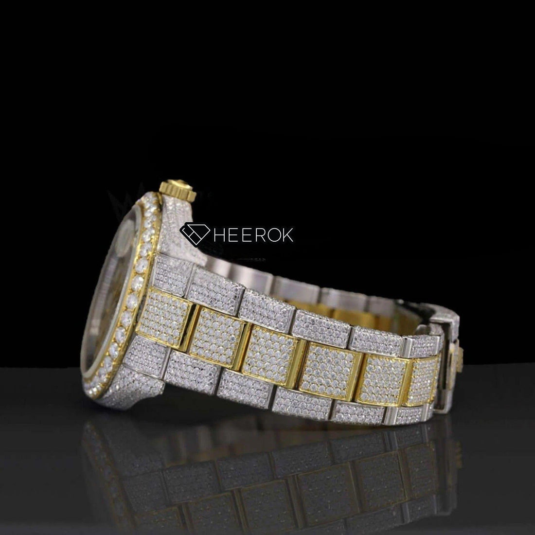 Rolex Datejust Black Stick Markers Dial Diamond Bezel Two Tone Yellow Gold Iced Out Moissanite Diamond Oyster Bracelet Front View