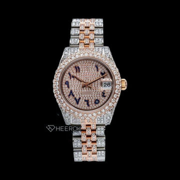 Rolex Datejust Blue Arabic Dial Diamond Bezel Two Tone Rose Gold Moissanite Diamond Jubilee Bracelet For Women Front View.