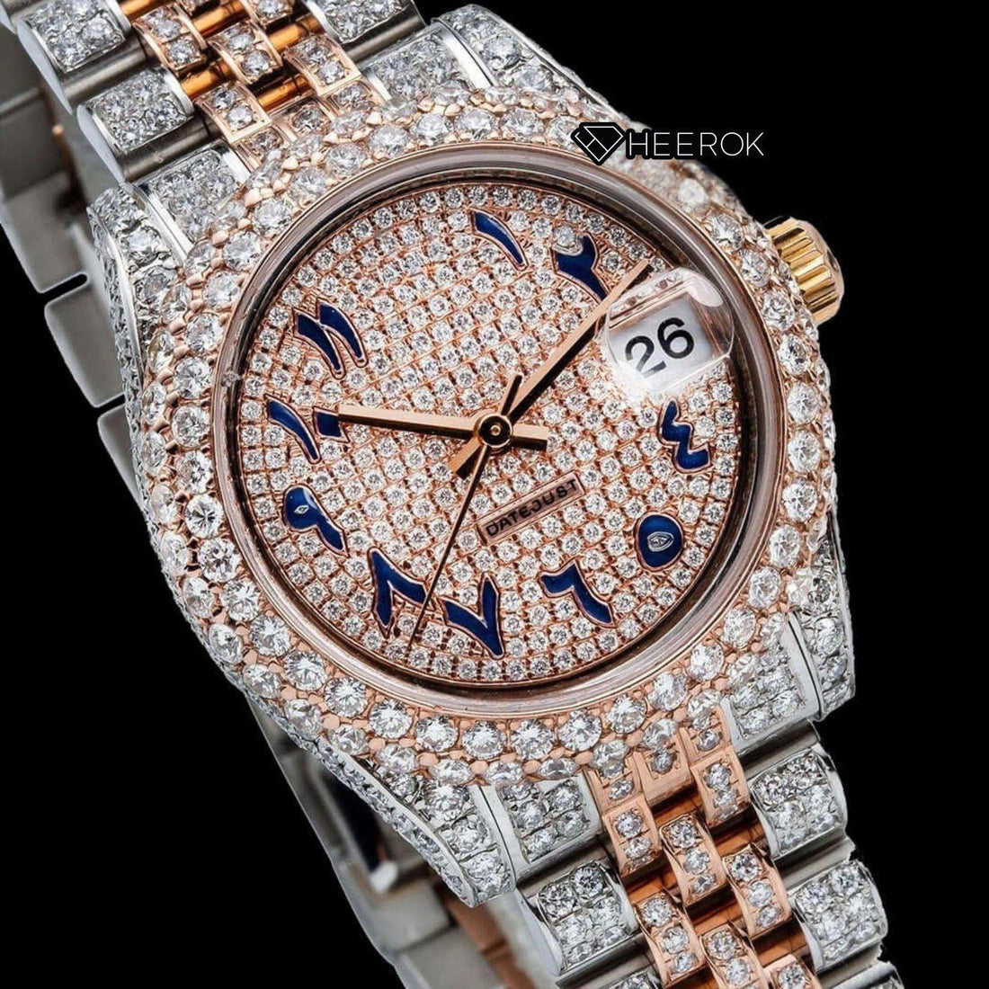 Rolex Datejust Blue Arabic Dial Diamond Bezel Two Tone Rose Gold Moissanite Diamond Jubilee Bracelet Front View