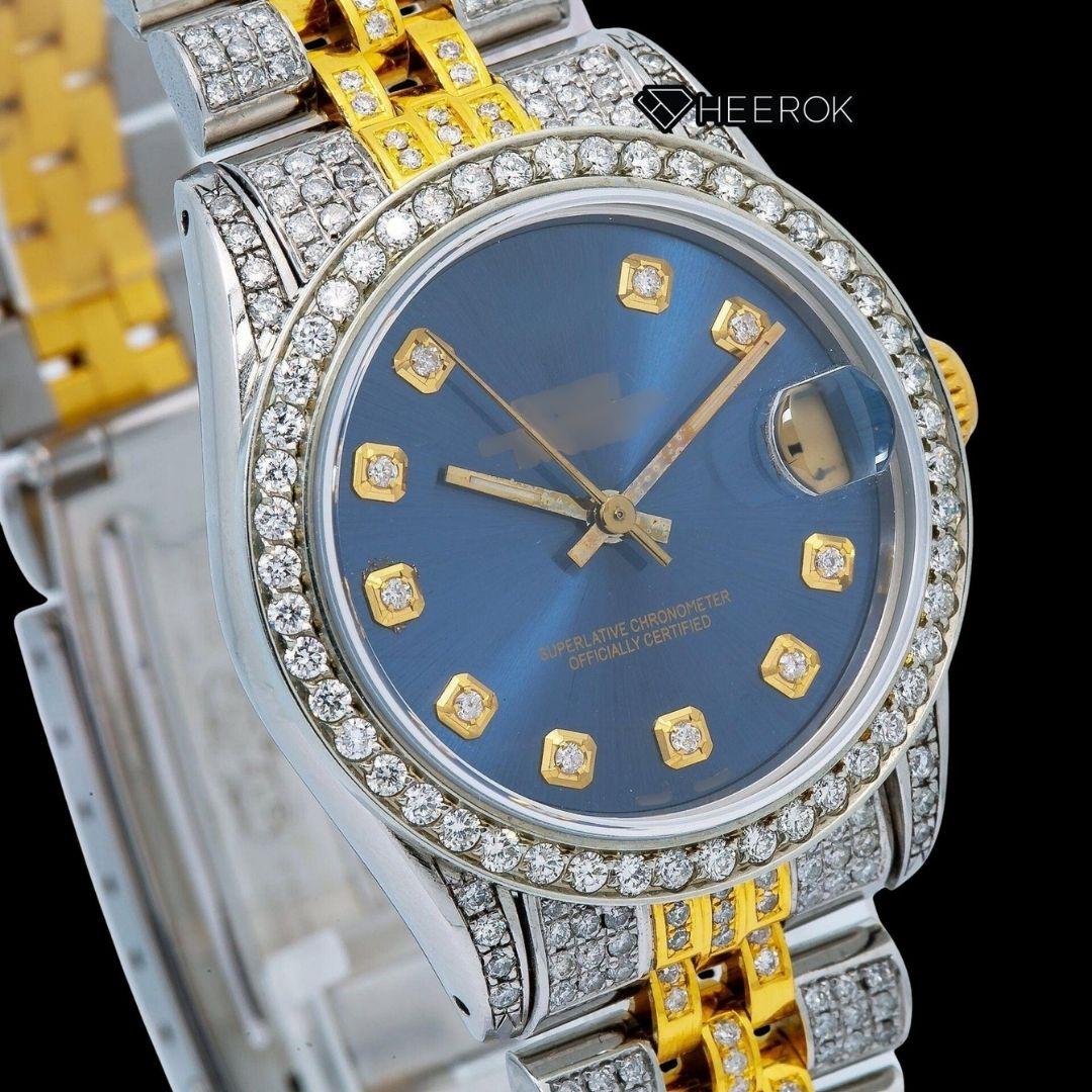Rolex Datejust Blue Dial Diamond Markers Diamond Bezel Two Tone Yellow Gold Moissanite Diamond Jubilee Bracelet For Women Front View.
