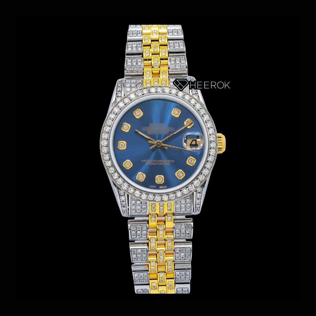 Rolex Datejust Blue Dial Diamond Markers Diamond Bezel Two Tone Yellow Gold Moissanite Diamond Jubilee Bracelet For Women Front View.