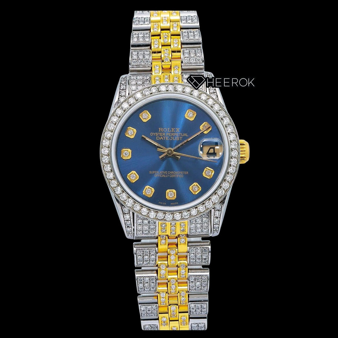 Rolex Datejust Blue Dial Diamond Markers Diamond Bezel Two Tone Yellow Gold Moissanite Diamond Jubilee Bracelet Front View