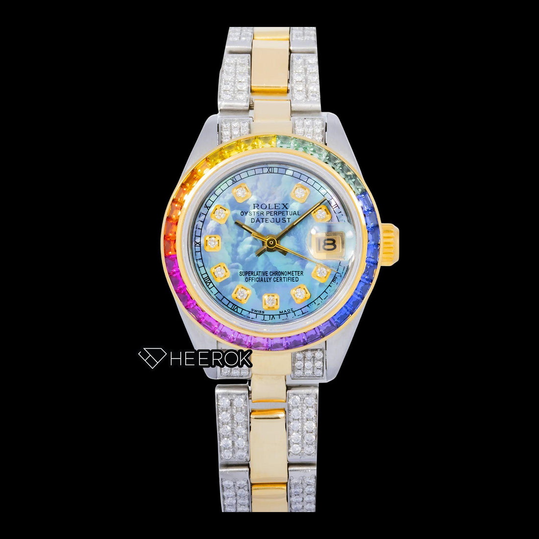 Rolex Datejust Blue Dial Diamond Markers Rainbow Diamond Bezel Two Tone Yellow Gold Moissanite Diamond Oyster Bracelet For Women Front View