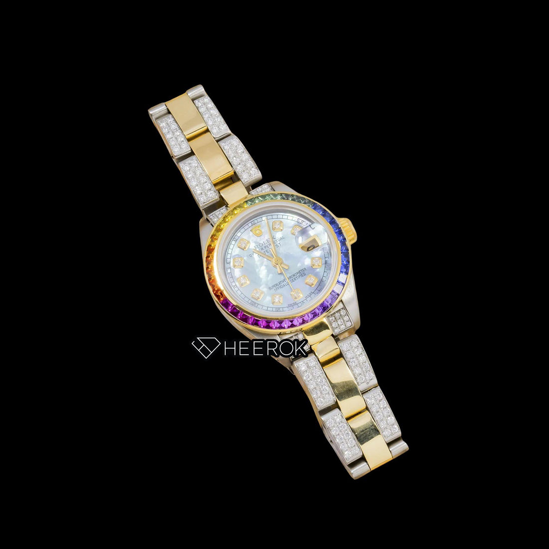 Rolex Datejust Blue Dial Diamond Markers Rainbow Diamond Bezel Two Tone Yellow Gold Moissanite Diamond Oyster Bracelet For Women Front View