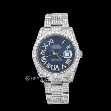 Rolex Datejust Blue Dial Roman Diamond Numerals Diamond Bezel Fully Iced Moissanite Diamond Oyster Bracelet For Women Front View