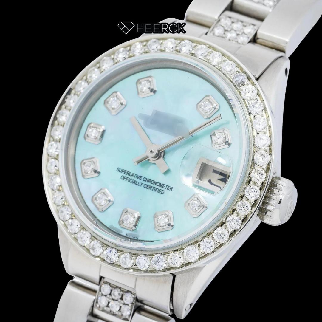 Rolex Datejust Blue Mother of Pearl Dial Diamond Markers Diamond Bezel Semi Iced Moissanite Diamond Oyster Bracelet For Women Front View.