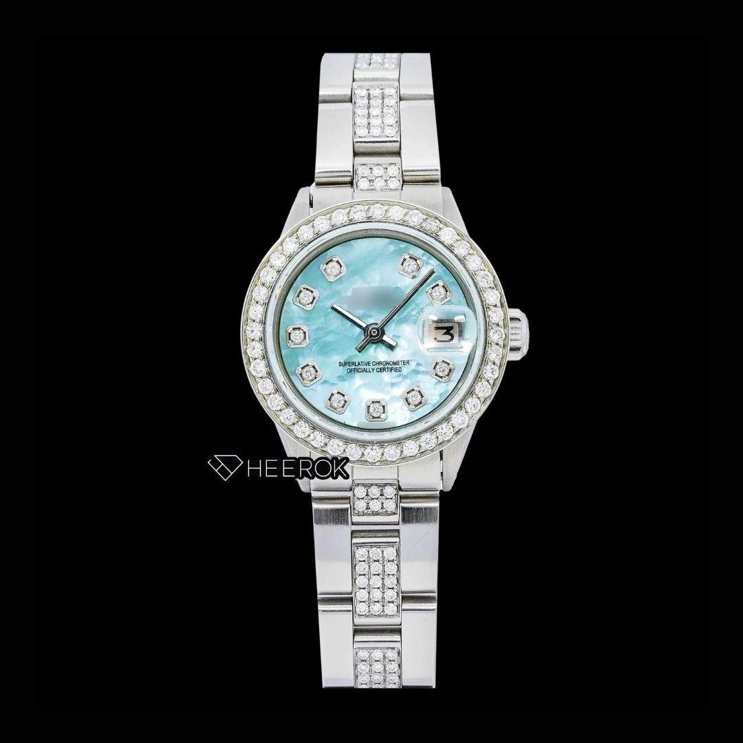 Rolex Datejust Blue Mother of Pearl Dial Diamond Markers Diamond Bezel Semi Iced Moissanite Diamond Oyster Bracelet For Women Front View.