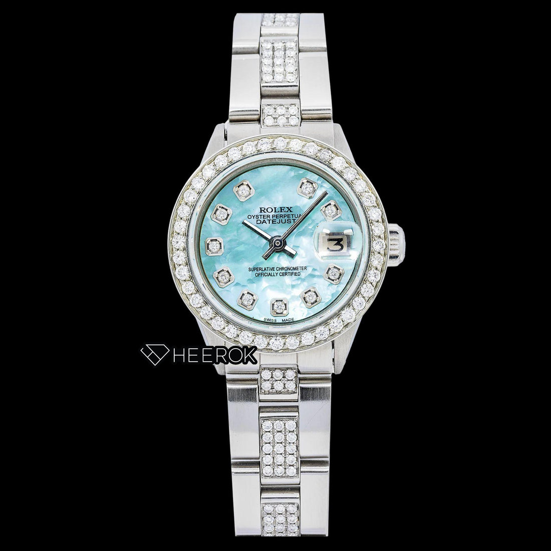 Rolex Datejust Blue Mother of Pearl Dial Diamond Markers Diamond Bezel Semi Iced Moissanite Diamond Oyster Bracelet For Women Front View