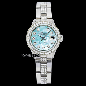 Rolex Datejust Blue Mother of Pearl Dial Diamond Markers Diamond Bezel Semi Iced Moissanite Diamond Oyster Bracelet For Women Front View