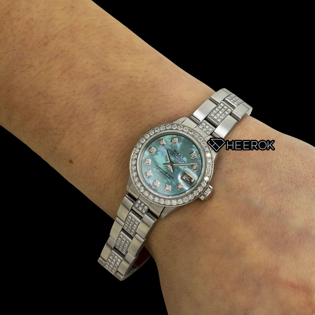 Rolex Datejust Blue Mother of Pearl Dial Diamond Markers Diamond Bezel Semi Iced Moissanite Diamond Oyster Bracelet For Women Front View