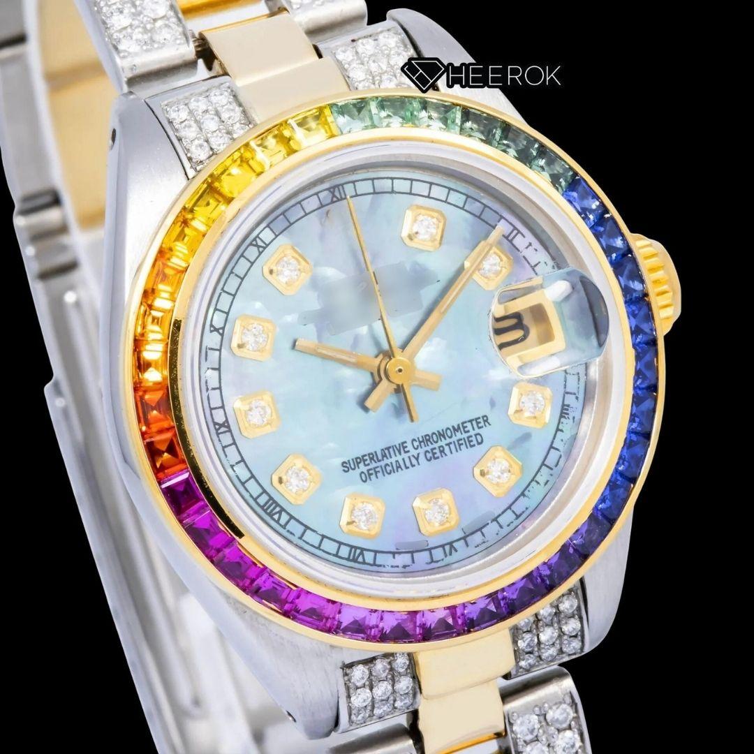Rolex Datejust Blue Mother of Pearl Dial Diamond Markers Rainbow Diamond Bezel Two Tone Yellow Gold Moissanite Diamond Oyster Bracelet For Women Front View.
