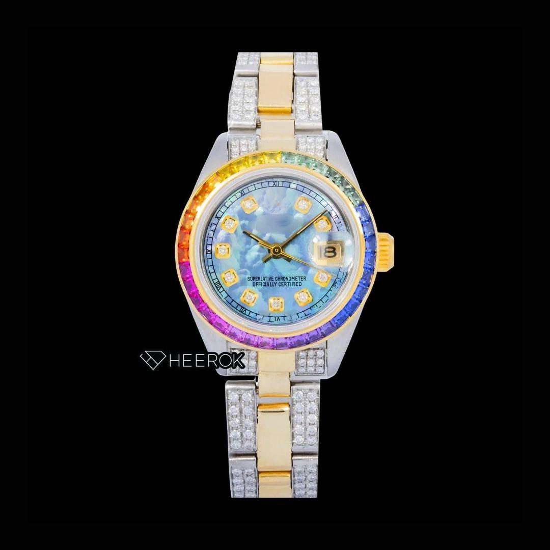 Rolex Datejust Blue Mother of Pearl Dial Diamond Markers Rainbow Diamond Bezel Two Tone Yellow Gold Moissanite Diamond Oyster Bracelet For Women Front View.
