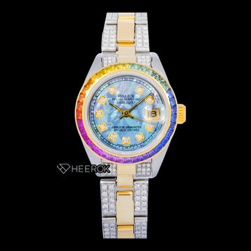 Rolex Datejust Blue Mother of Pearl Dial Diamond Markers Rainbow Diamond Bezel Two Tone Yellow Gold Moissanite Diamond Oyster Bracelet Front View