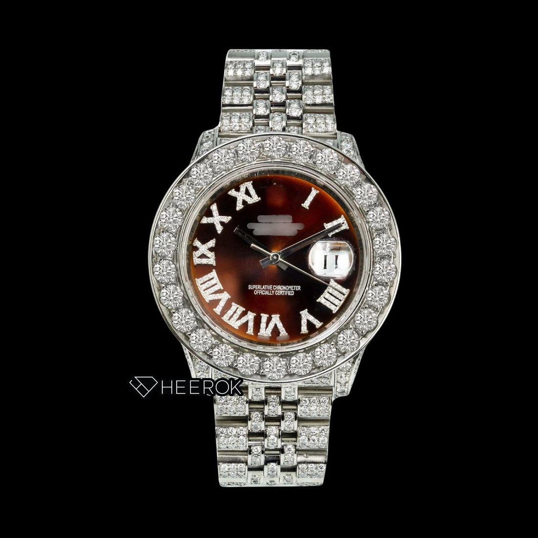 Rolex Datejust Brown Dial Roman Diamond Numerals Diamond Bezel Fully Iced Moissanite Diamond Jubilee Bracelet For Women Front View