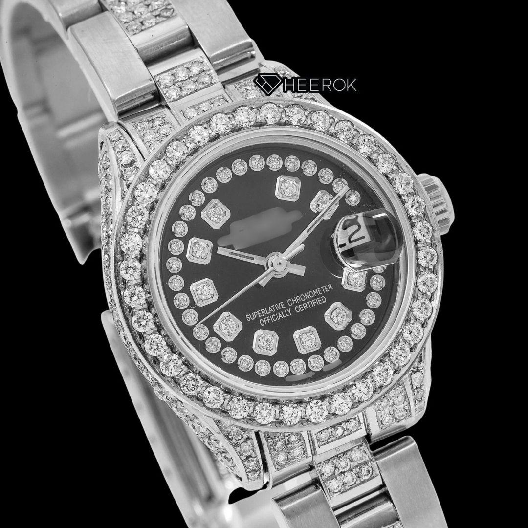 Rolex Datejust Diamond Markers Black Dial Diamond Bezel Semi Iced Moissanite Diamond Oyster Bracelet For Women Front View.