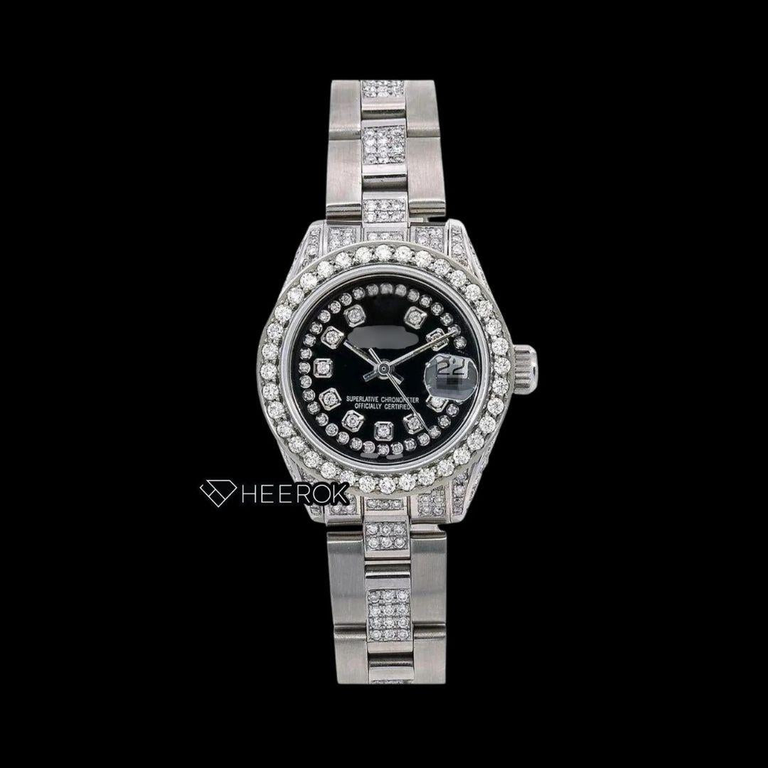 Rolex Datejust Diamond Markers Black Dial Diamond Bezel Semi Iced Moissanite Diamond Oyster Bracelet For Women Front View.