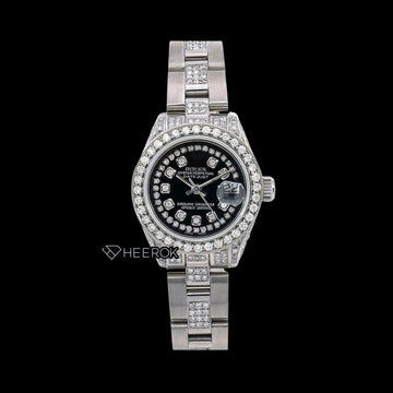 Rolex Datejust Diamond Markers Black Dial Diamond Bezel Semi Iced Moissanite Diamond Oyster Bracelet Front View