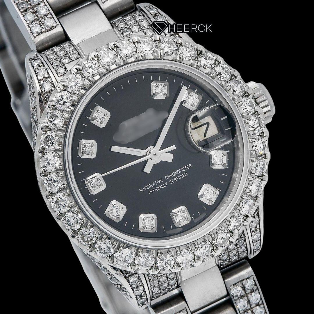Rolex Datejust Diamond Markers Black Dial Large Diamond Bezel Semi Iced Moissanite Diamond Oyster Bracelet  For Women Front View.
