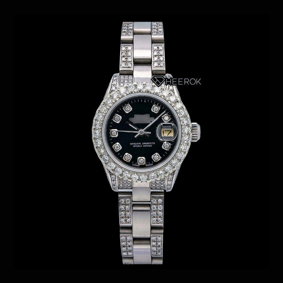 Rolex Datejust Diamond Markers Black Dial Large Diamond Bezel Semi Iced Moissanite Diamond Oyster Bracelet  For Women Front View.