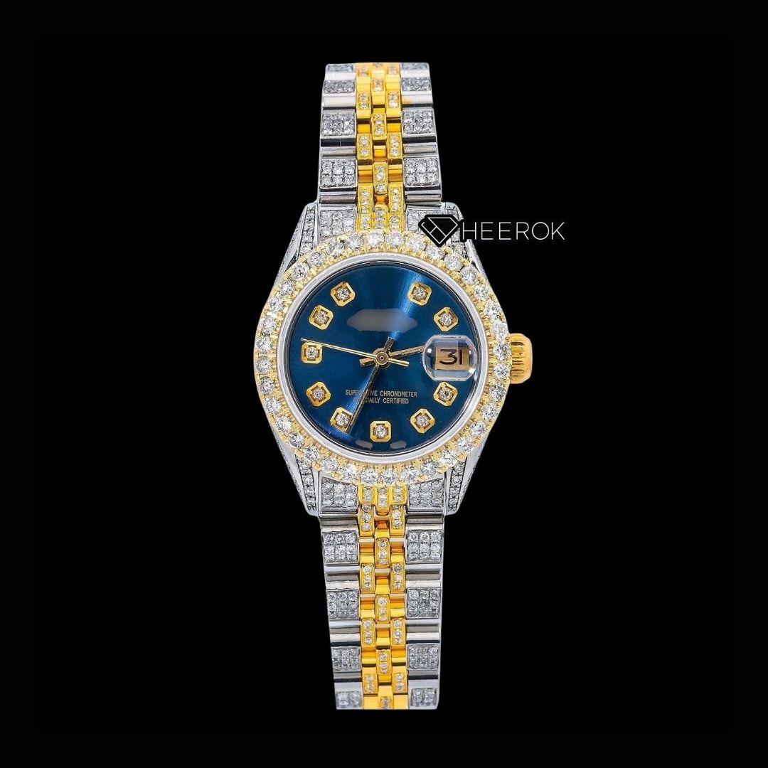 Rolex Datejust Diamond Markers Blue Dial Large Diamond Bezel Two Tone Yellow Gold Moissanite Diamond Jubilee Bracelet For Women Front View.