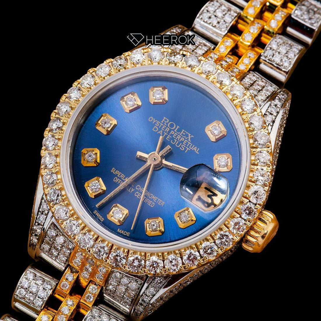 Rolex Datejust Diamond Markers Blue Dial Large Diamond Bezel Two Tone Yellow Gold Moissanite Diamond Jubilee Bracelet Front View