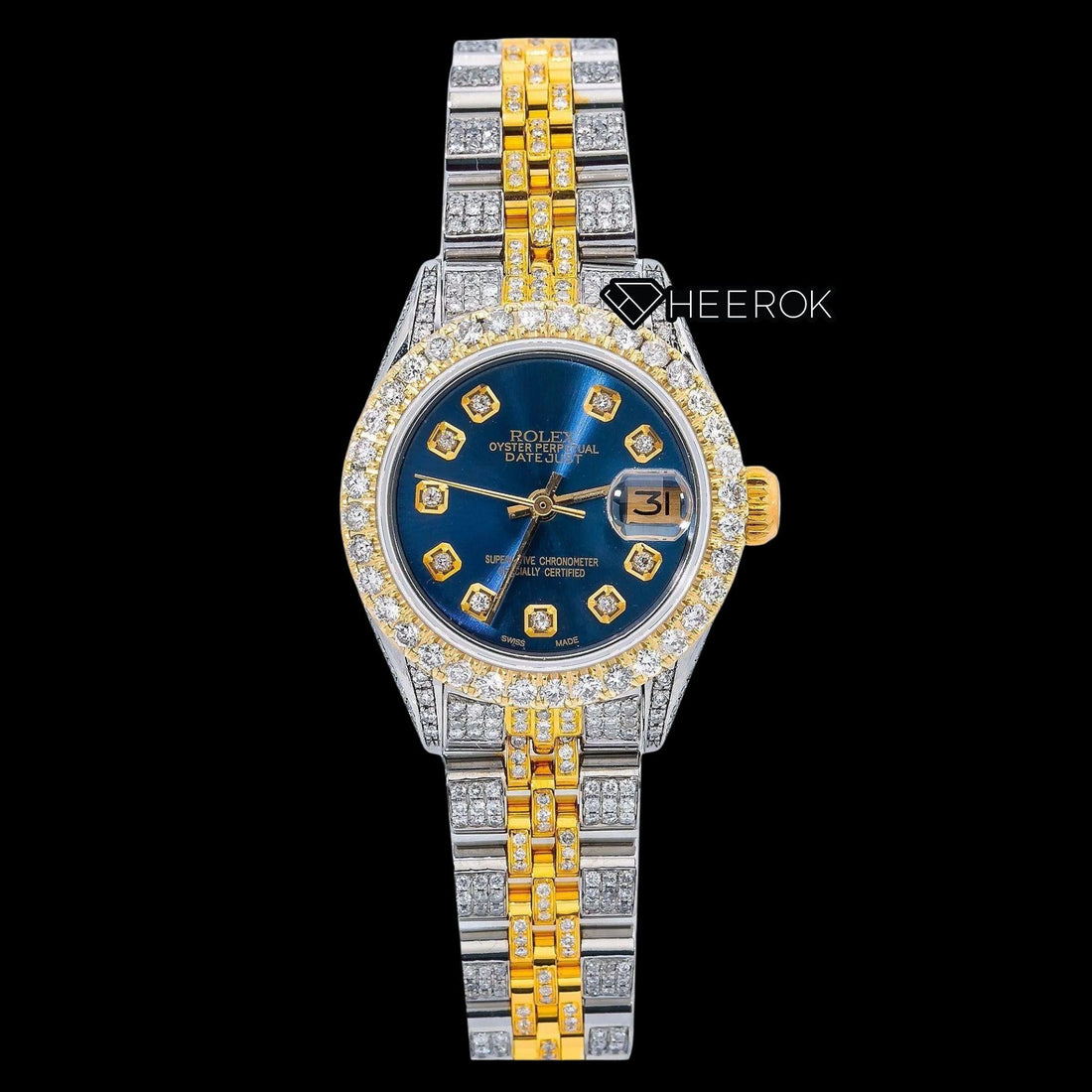 Rolex Datejust Diamond Markers Blue Dial Large Diamond Bezel Two Tone Yellow Gold Moissanite Diamond Jubilee Bracelet Front View