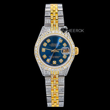 Rolex Datejust Diamond Markers Blue Dial Large Diamond Bezel Two Tone Yellow Gold Moissanite Diamond Jubilee Bracelet Front View