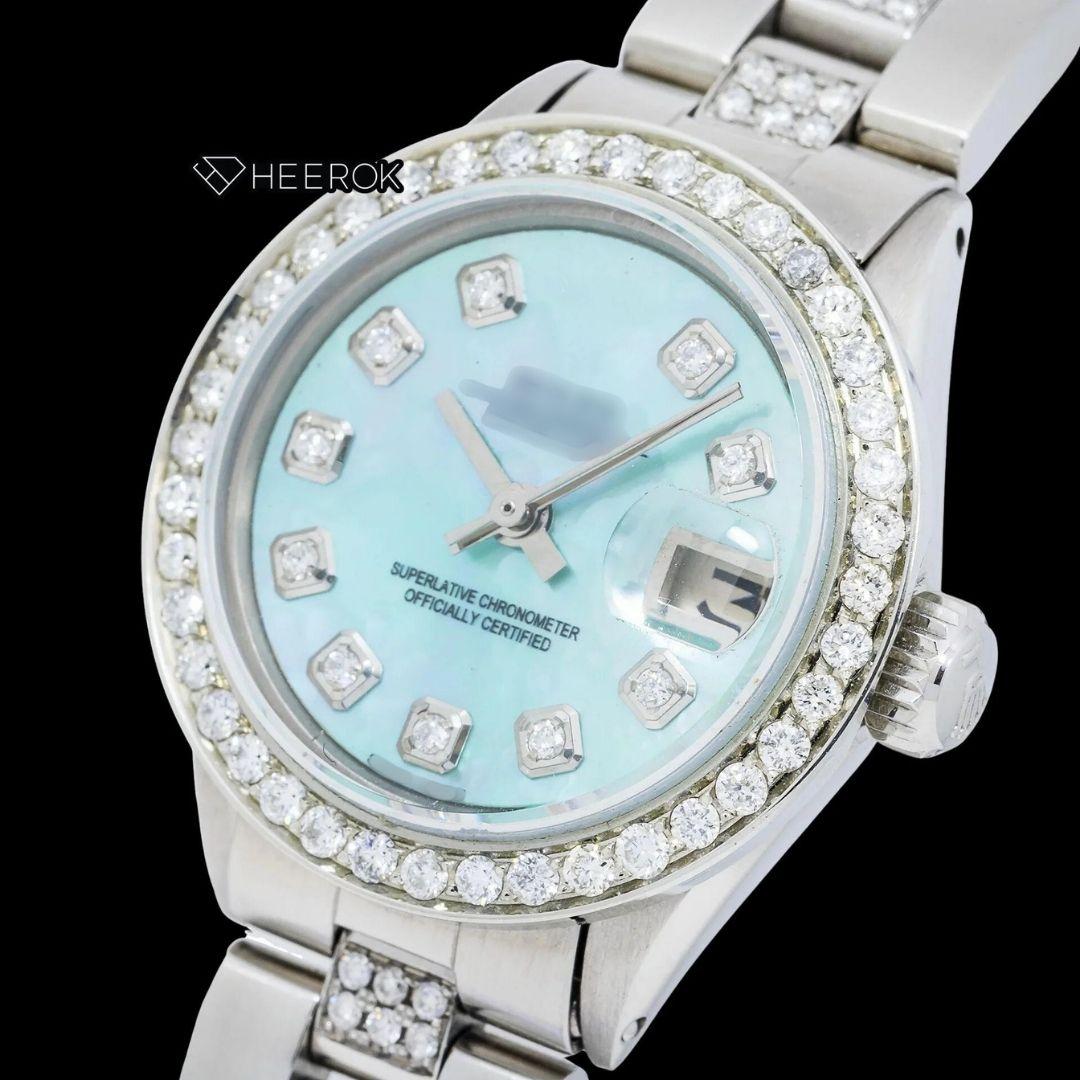 Rolex Datejust Diamond Markers Blue Mother of Pearl Dial Diamond Bezel Semi Iced Moissanite Diamond Oyster Bracelet For Women Front View.