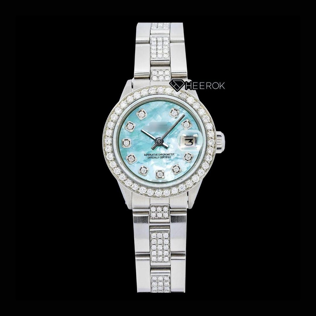 Rolex Datejust Diamond Markers Blue Mother of Pearl Dial Diamond Bezel Semi Iced Moissanite Diamond Oyster Bracelet For Women Front View.