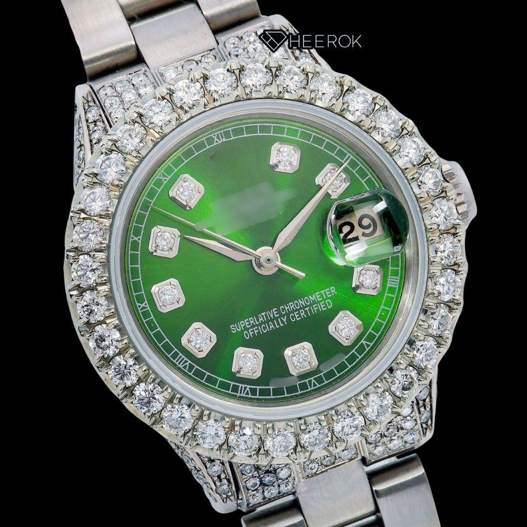 Rolex Datejust Diamond Markers Green Dial Large Diamond Bezel Semi Iced Moissanite Diamond Oyster Bracelet For Women Front View.