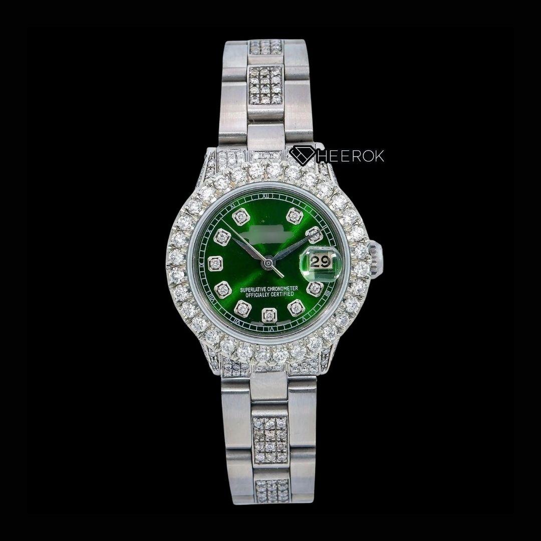 Rolex Datejust Diamond Markers Green Dial Large Diamond Bezel Semi Iced Moissanite Diamond Oyster Bracelet For Women Front View.