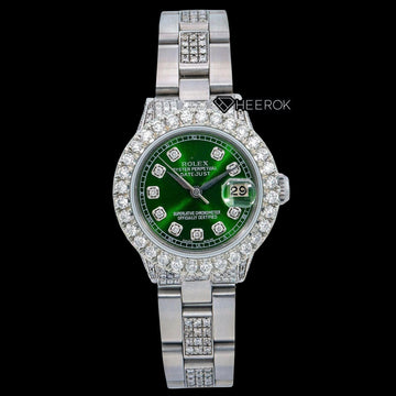 Rolex Datejust Diamond Markers Green Dial Large Diamond Bezel Semi Iced Moissanite Diamond Oyster Bracelet Front View
