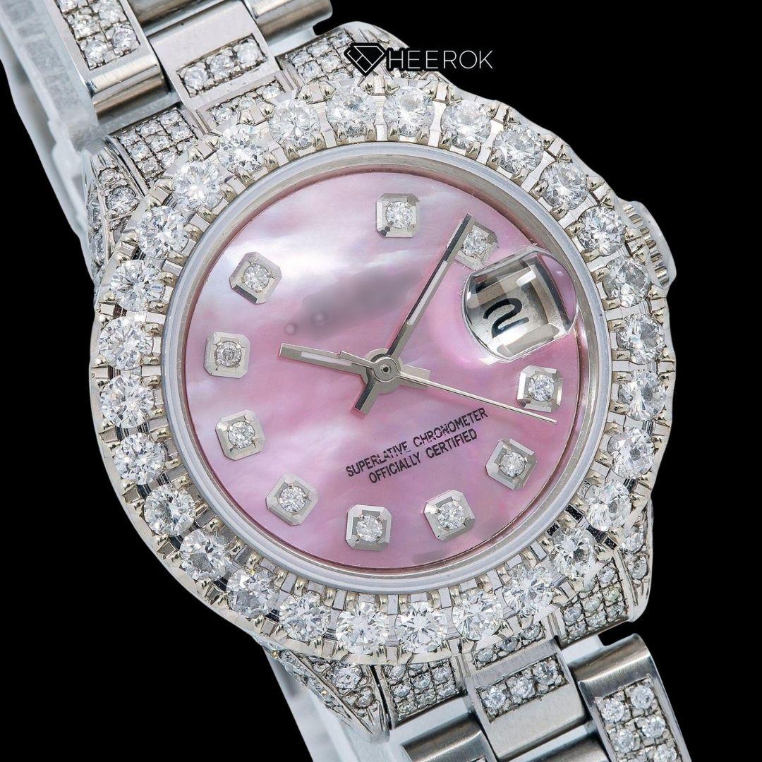 Rolex Datejust Diamond Markers Pink Mother of Pearl Dial Large Diamond Bezel Moissanite Diamond Oyster Bracelet For Women Front View.
