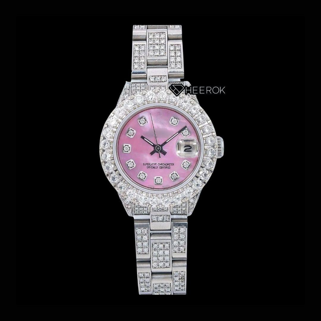 Rolex Datejust Diamond Markers Pink Mother of Pearl Dial Large Diamond Bezel Moissanite Diamond Oyster Bracelet For Women Front View.