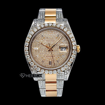 Rolex Datejust Diamond Paved Dial Baguette Diamond Markers Diamond Bezel Two Tone Yellow Gold Moissanite Diamond Oyster Bracelet Watch Front View