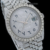 Rolex Datejust Diamond Paved Dial Black Arabic Numerals Diamond Bezel Fully Iced Moissanite Diamond Jubilee Bracelet Front View