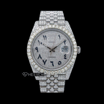 Rolex Datejust Diamond Paved Dial Black Arabic Numerals Diamond Bezel Fully Iced Moissanite Diamond Jubilee Bracelet Front View