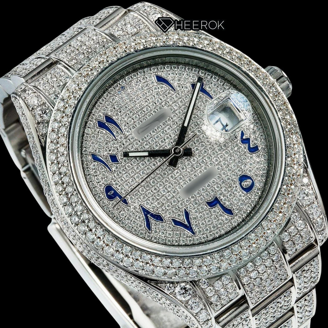 Rolex Datejust Diamond Paved Dial Blue Arabic Numerals Diamond Bezel Bust Down Moissanite Diamond Oyster Bracelet Watch Front View