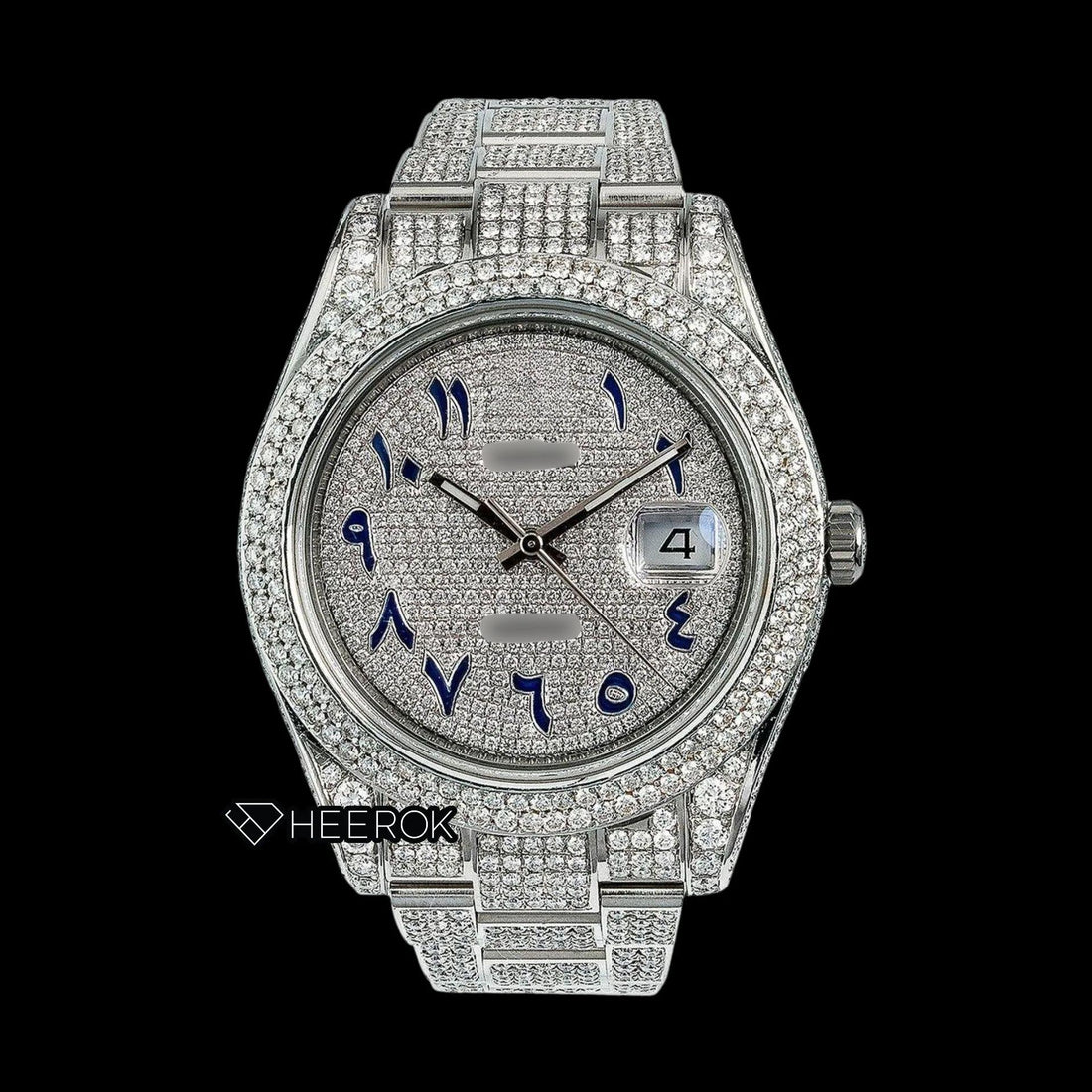 Rolex Datejust Diamond Paved Dial Blue Arabic Numerals Diamond Bezel Bust Down Moissanite Diamond Oyster Bracelet Watch Front View