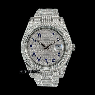 Rolex Datejust Diamond Paved Dial Blue Arabic Numerals Diamond Bezel Bust Down Moissanite Diamond Oyster Bracelet Watch Front View