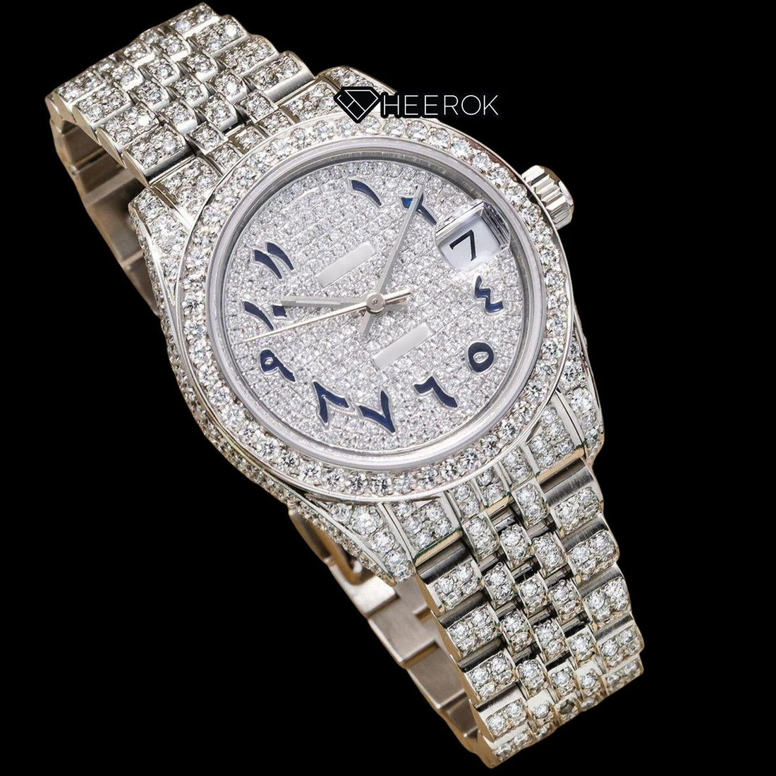 Rolex Datejust Diamond Paved Dial Blue Arabic Numerals Diamond Bezel Fully Iced Moissanite Diamond Jubilee Bracelet For Women Front View