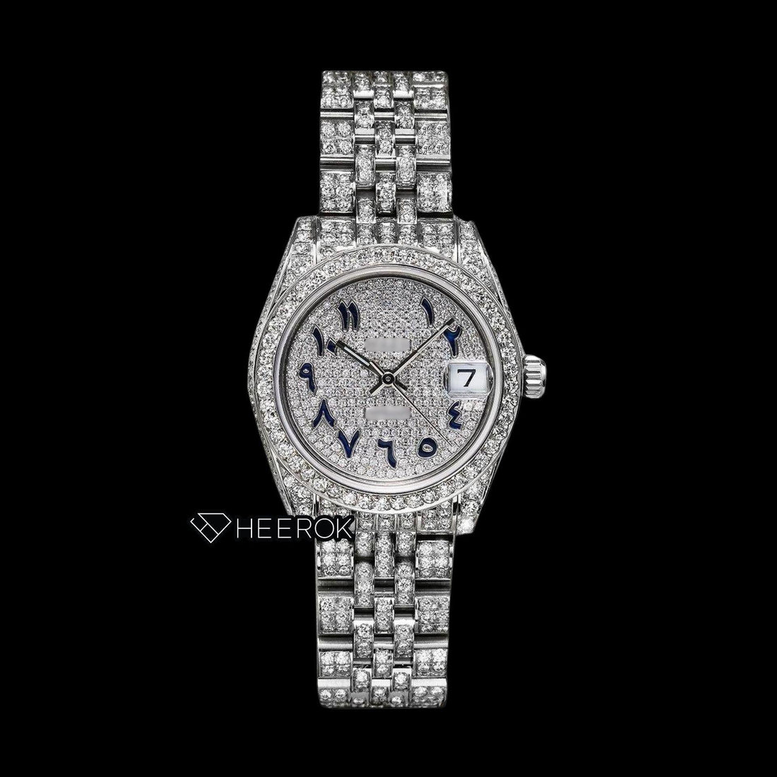 Rolex Datejust Diamond Paved Dial Blue Arabic Numerals Diamond Bezel Fully Iced Moissanite Diamond Jubilee Bracelet For Women Front View