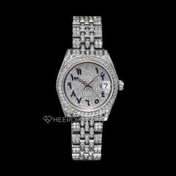 Rolex Datejust Diamond Paved Dial Blue Arabic Numerals Diamond Bezel Fully Iced Moissanite Diamond Jubilee Bracelet For Women Front View