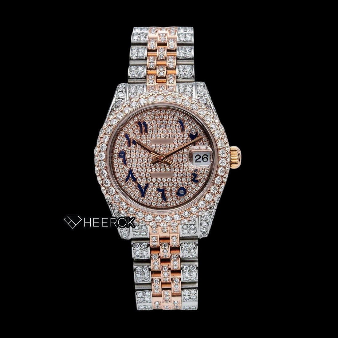 Rolex Datejust Diamond Paved Dial Blue Arabic Numerals Diamond Bezel Two Tone Rose Gold Fully Iced Moissanite Diamond Jubilee Bracelet For Women Front View