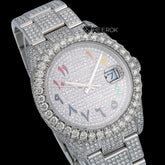 Rolex Datejust Diamond Paved Dial Multicolor Arabic Numerals Diamond Bezel Fully Iced Moissanite Diamond Oyster Bracelet For Women Front View