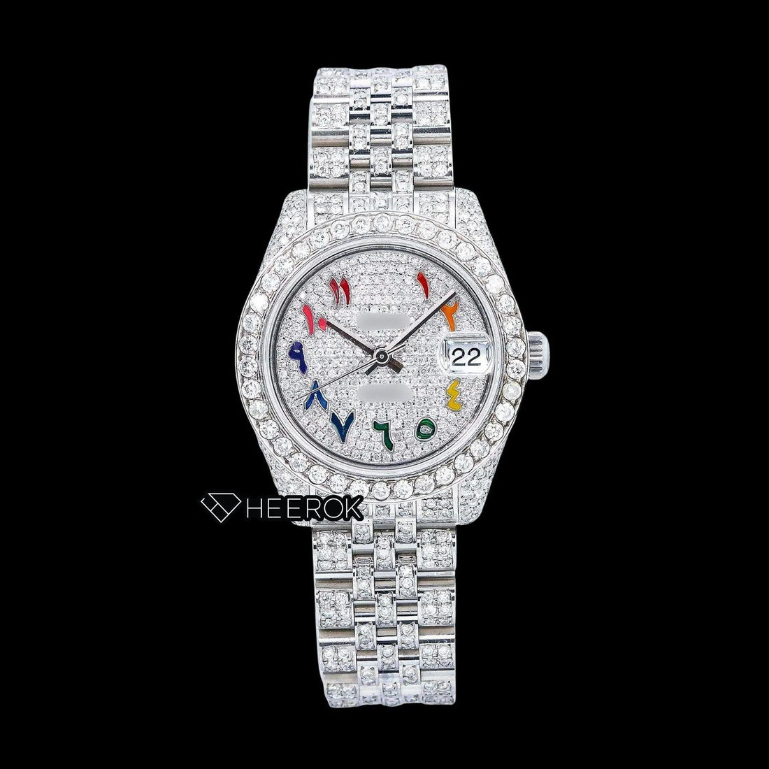 Rolex Datejust Diamond Paved Dial Multicolor Arabic Numerals Diamond Bezel Moissanite Diamond Jubilee Bracelet For Women Front View